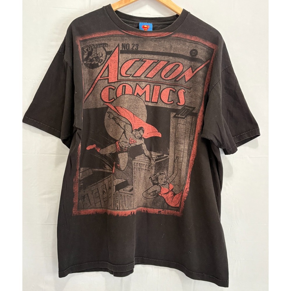 Action Comics No. 23 T-Shirt Black Cotton Retro Short Sleeve XL Vintage Superman
